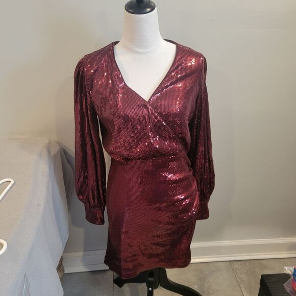 Dynamite Red Sequence Wrap Mini Dress Size medium - Picture 2 of 9